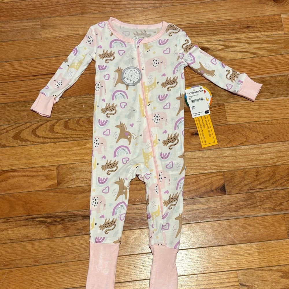 Sleep On It Pink Footie with Deer and Rainbow Pattern